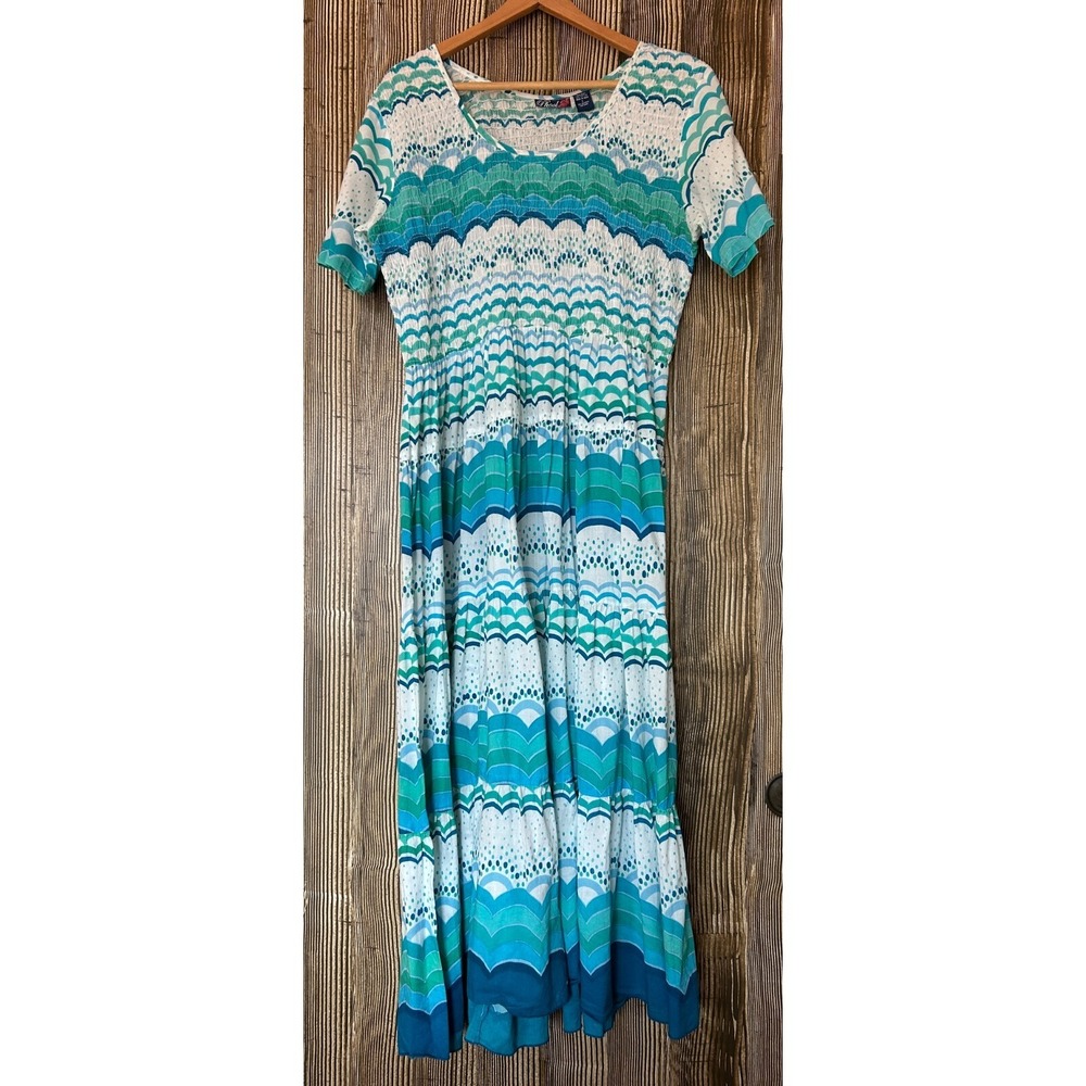 Phool India Beach Blue Smocked Cotton Maxi Dress Smocked Beach‎ Boho Size Large